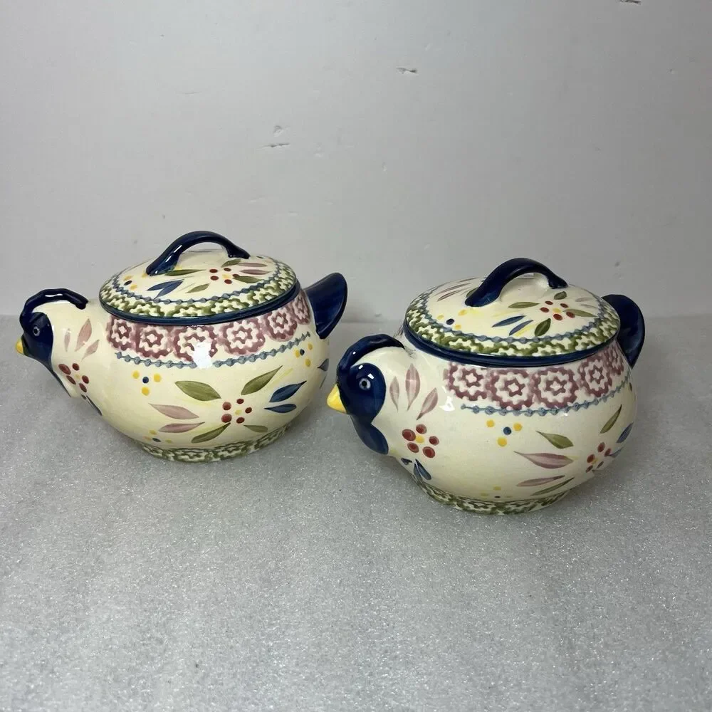2 Temp-tations Presentable Ovenware Tara Blue Old World CHICKEN Sugar/Soup Bowl